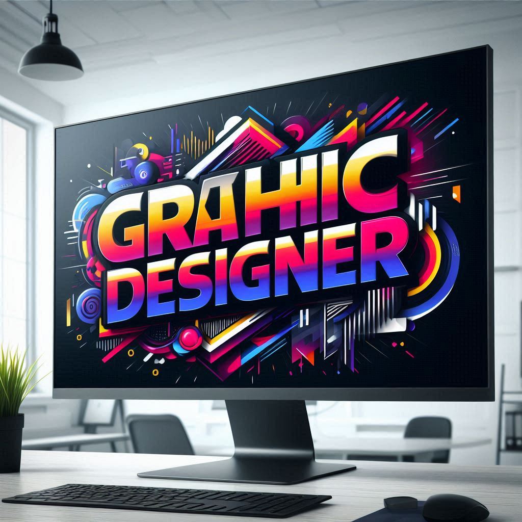 A modern, bold design featuring the title 'Graphic Designer' in large, striking typography. The title should stand out with vibrant colors and dynamic effects that convey creativity and innovation, with subtle design elements related to gaming and motion graphics. The background should be clean and professional, reflecting a creative and remote work environment.