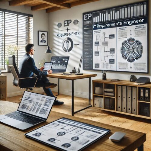 A highly professional and realistic depiction of an IT Requirements Engineer working remotely. The scene shows a well-equipped home office with a modern laptop displaying an ERP system interface. The engineer is engaging in a virtual meeting on a second screen, while detailed project documentation and timelines are visible on a digital tablet nearby. The setting includes natural lighting, a comfortable chair, and a minimalistic yet efficient workspace setup. The background shows a clean and organized environment, emphasizing productivity and focus.