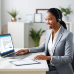 A professional-looking individual sits at a tidy home office desk with a laptop open, wearing a headset for customer service calls. On the screen, there might be healthcare-related documents or billing software. The background shows a well-lit room with personal touches like plants or certificates, emphasizing a comfortable and productive remote work environment.